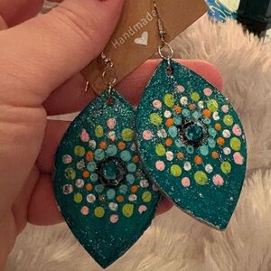 Teal Wooden Dot Earrings Handmade